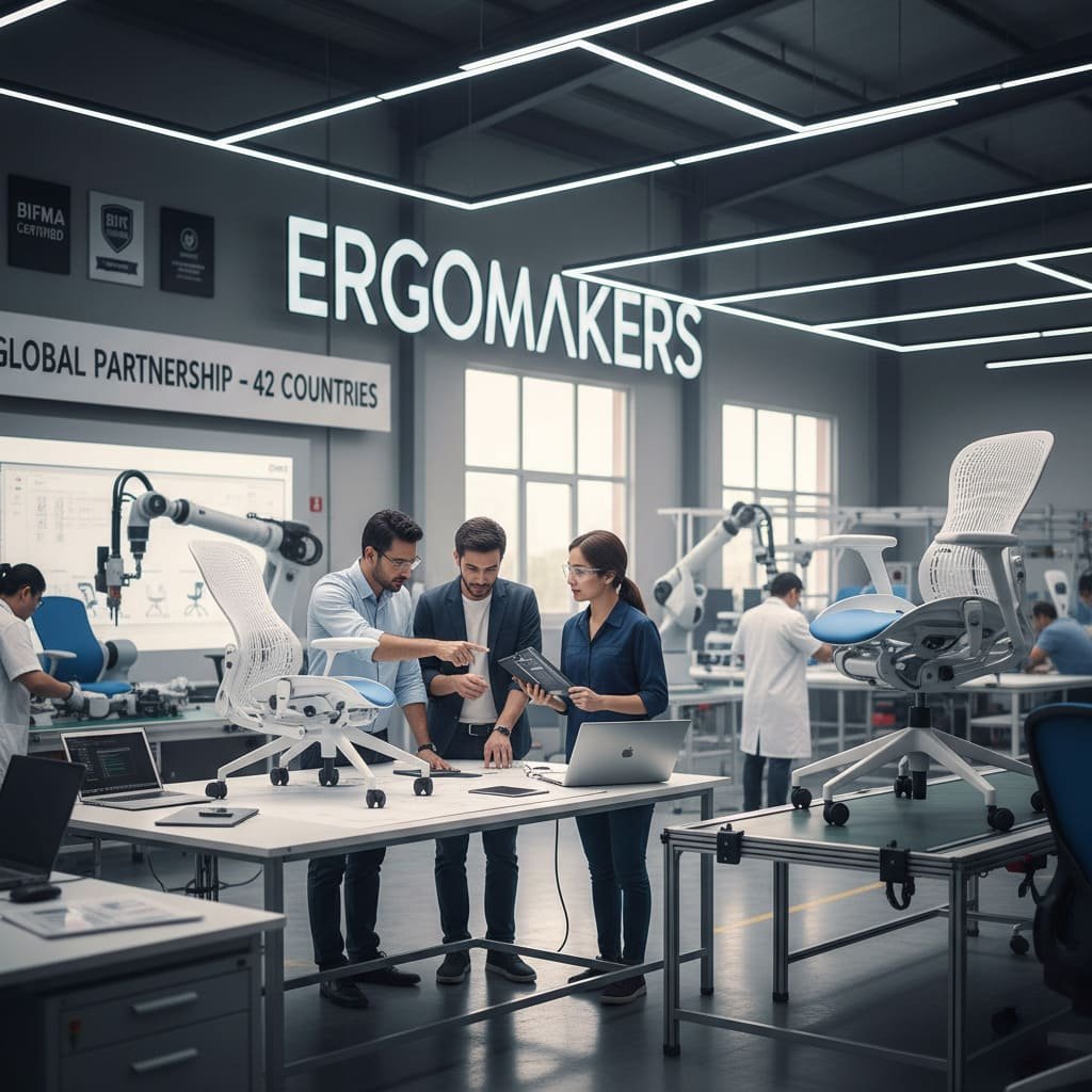 The Ergomakers team collaborating on a new chair design in the factory