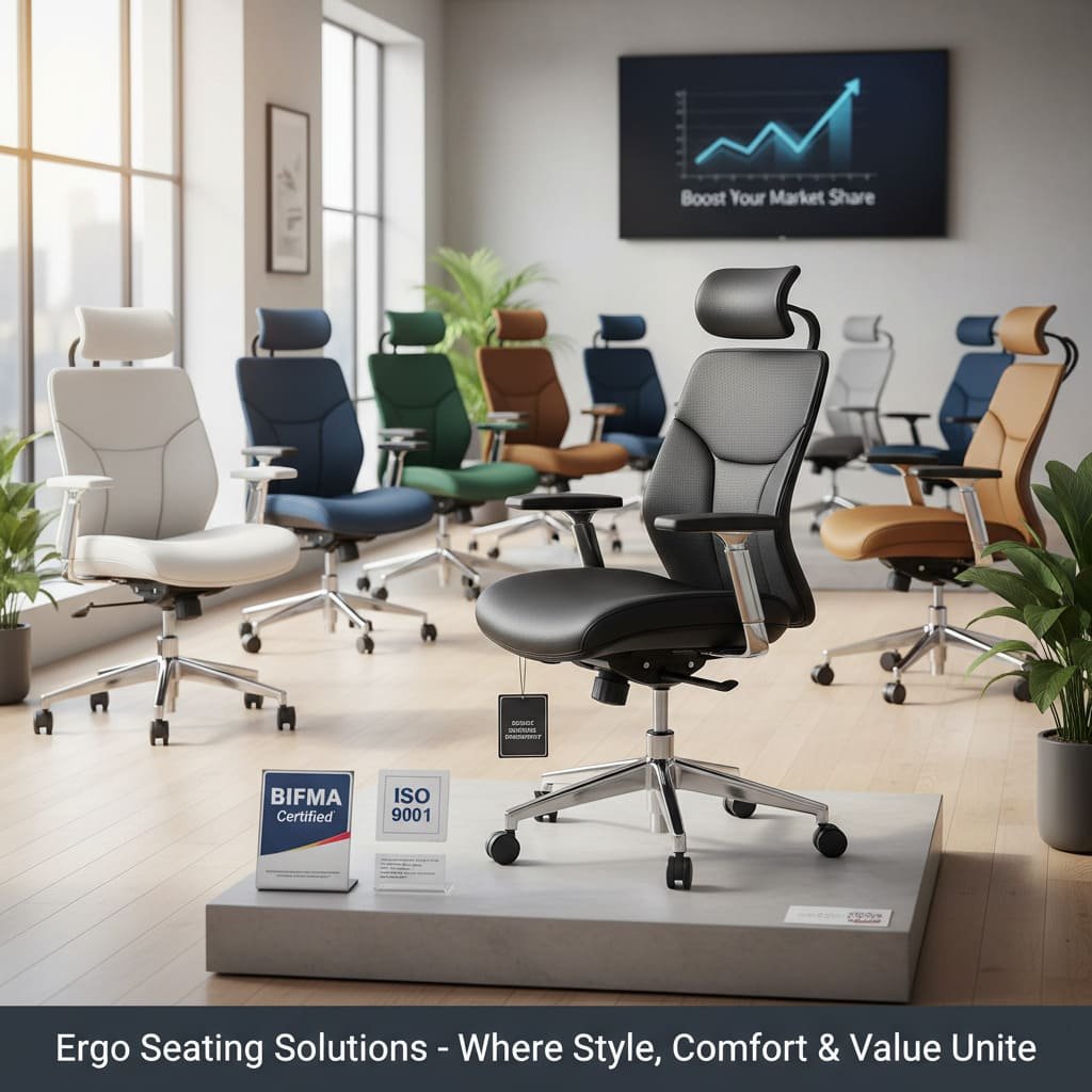a collection of ergonomic office chairs in a modern office setting