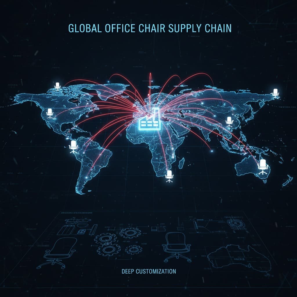 A world map with shipping routes connecting a factory to different continents