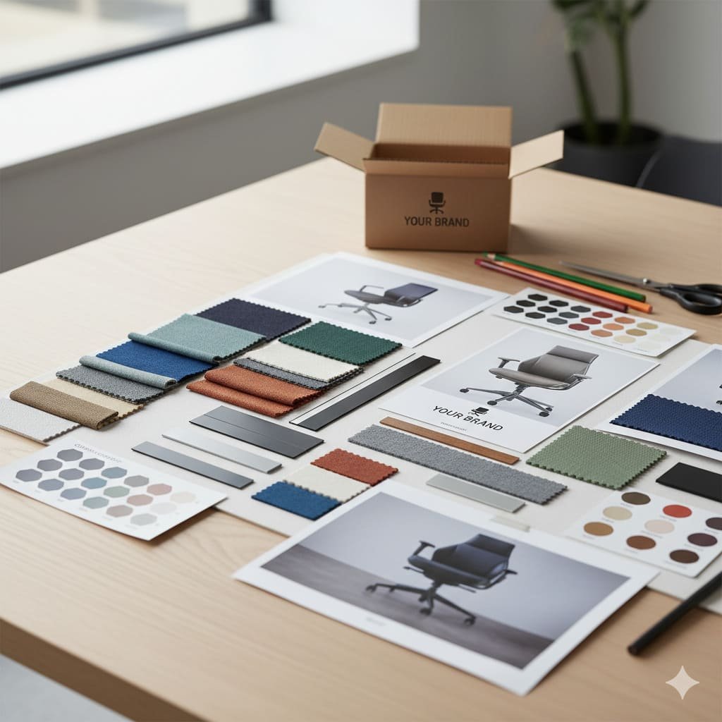 a mood board showing fabric swatches, color palettes, and chair designs for customization