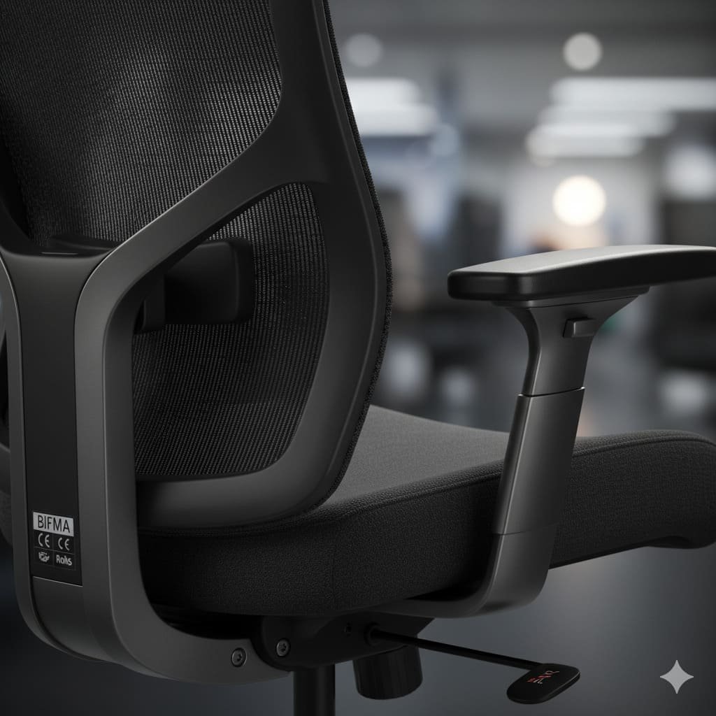 close-up of an office chair's lumbar support and adjustable armrest