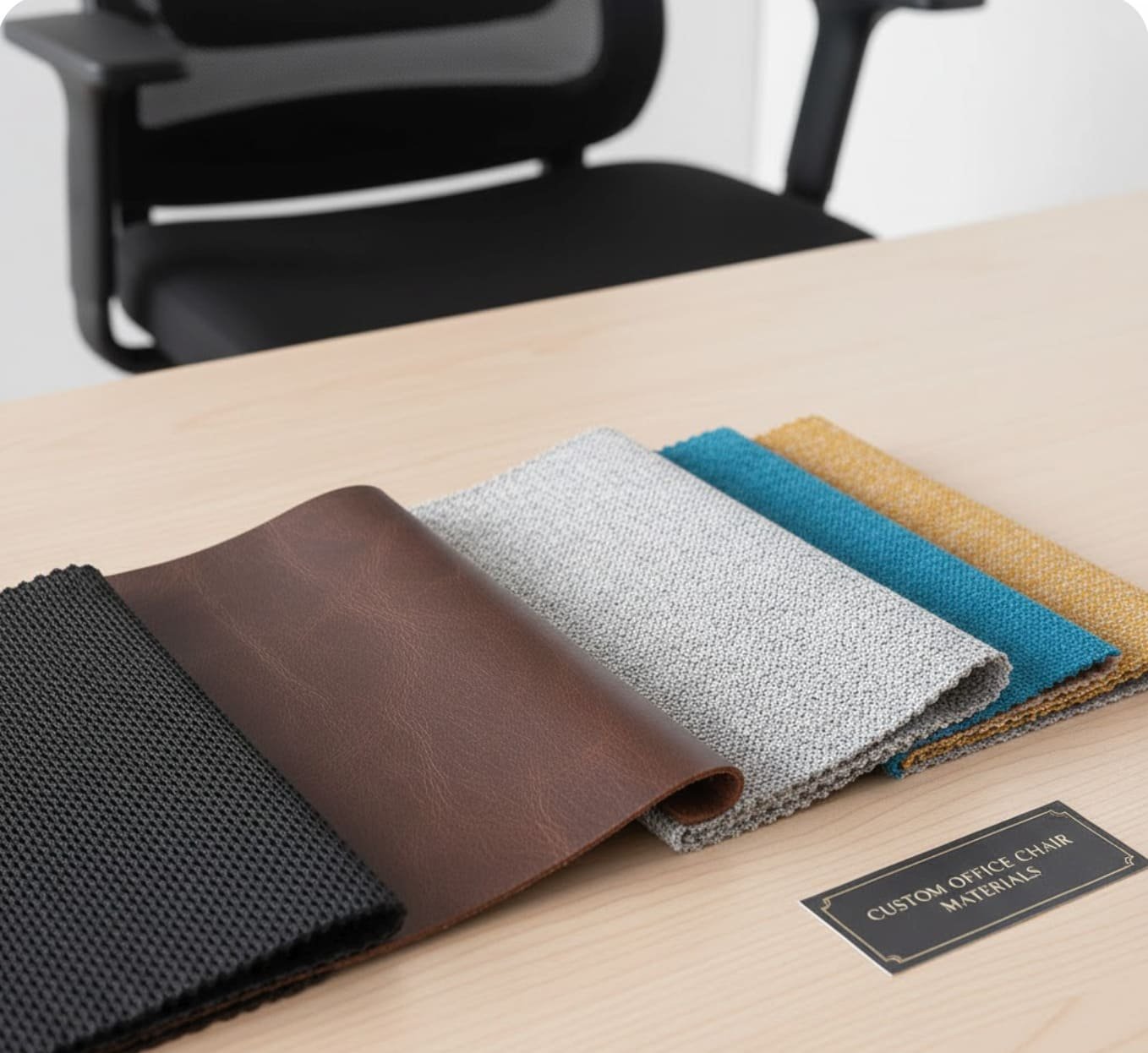 A close-up showing different material swatches like mesh, leather, and fabric