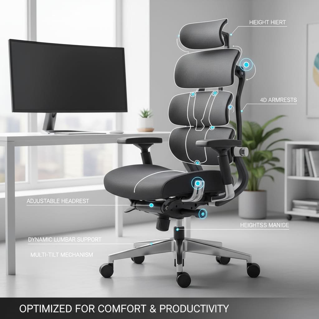 An ergonomic chair highlighting its adjustable features