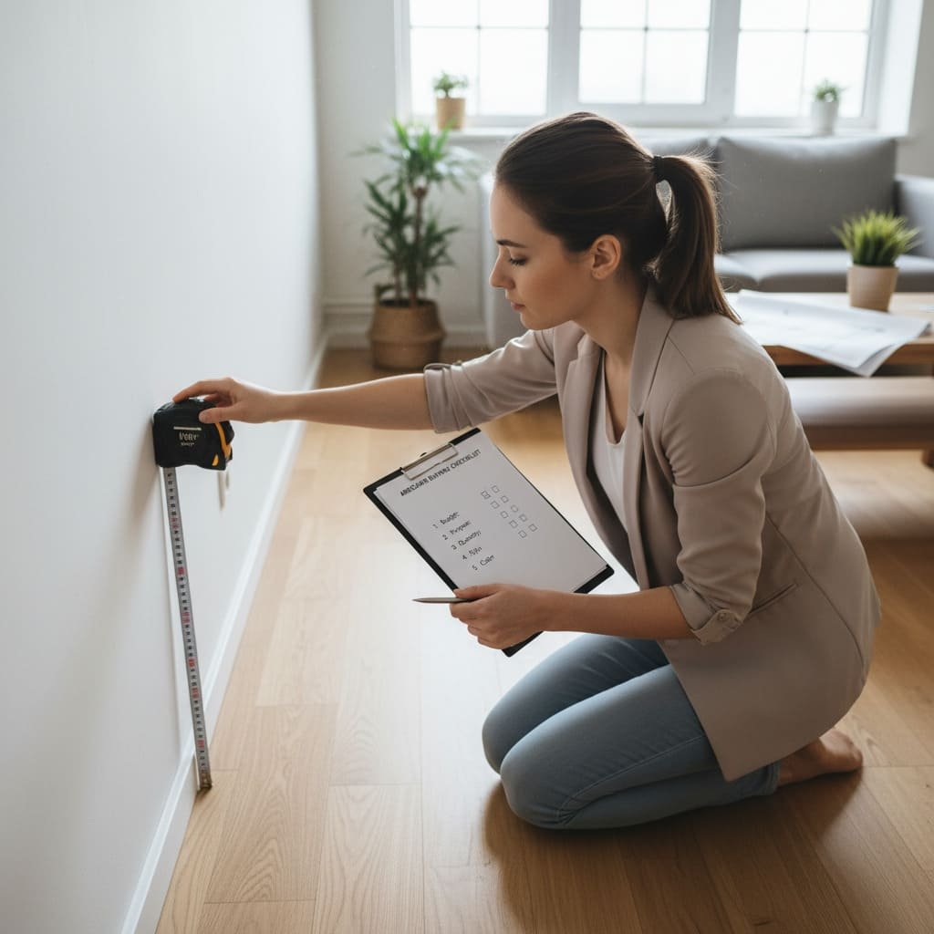 A person measuring a space for an armchair, with a checklist in hand
