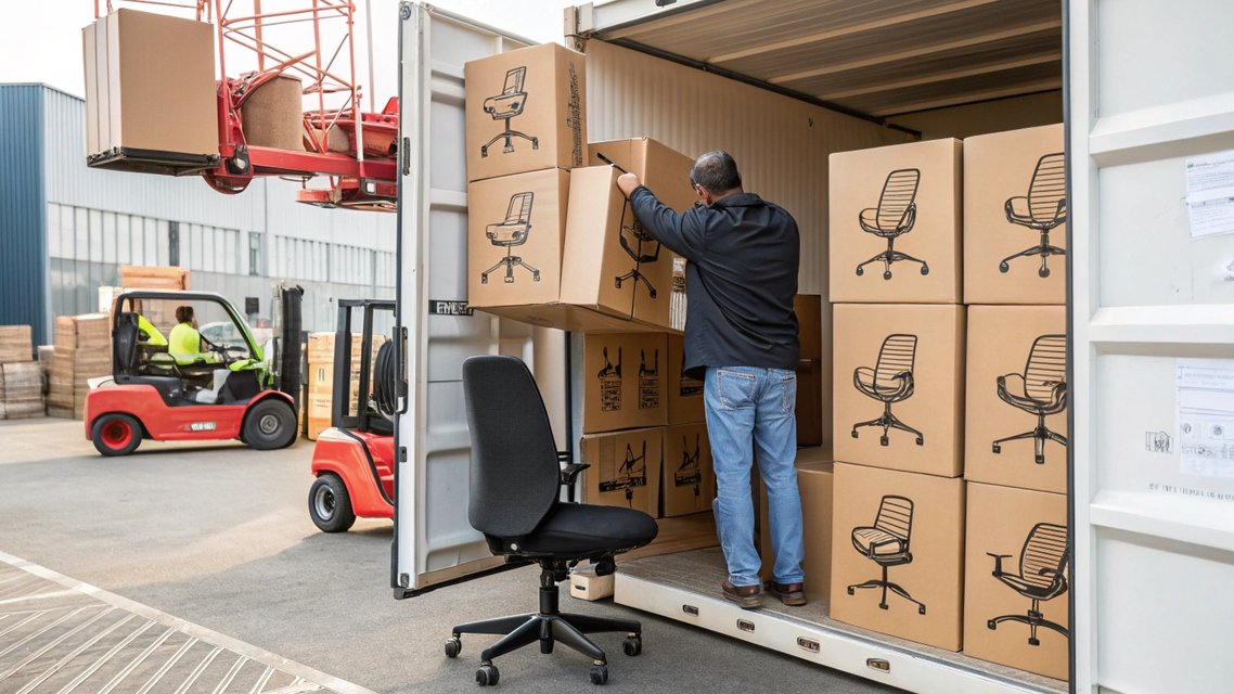 A container being loaded with mixed models of office chairs.
